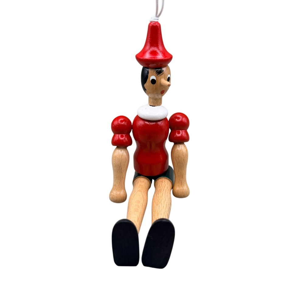 Pinocchio Wooden Hanging Ornament Jointed Puppet Doll Red Green 7.5 Inch Vintage